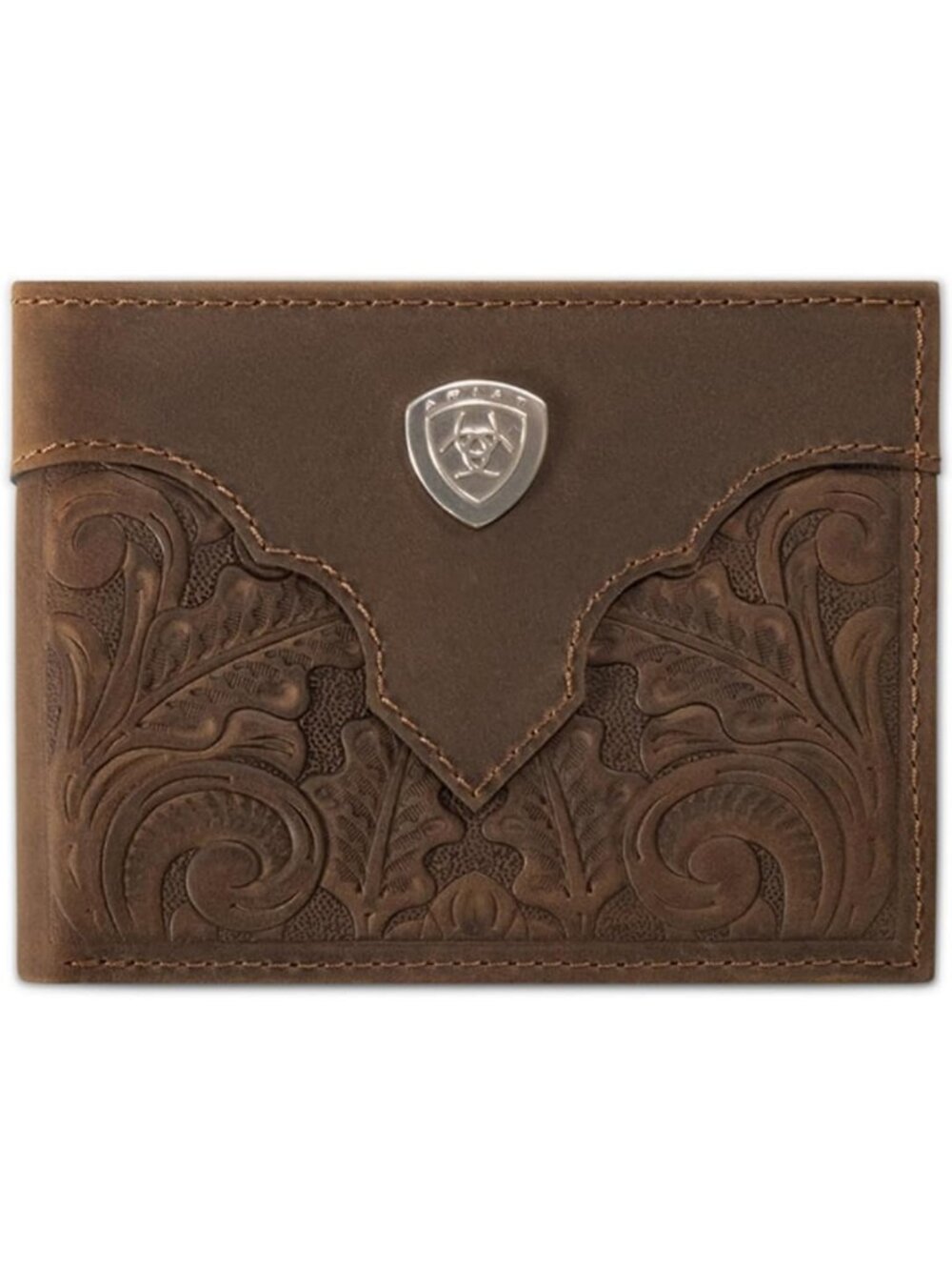 Stylish Leather Bifold Wallet with Removable Pass Case - Medium Brown, Embossed